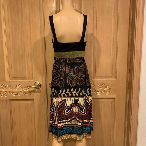 Purple Rain Strap black batik themed dress Sz M gold band - Picture 4 of 8
